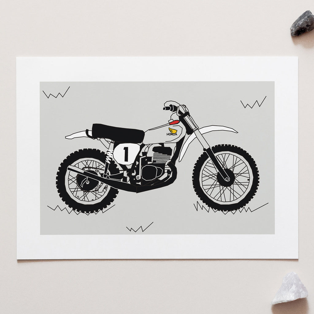 Grey & White Vintage Motocross. Honda Elsinore 1973 YZ250 Classic Motocross bike Art Print for sale