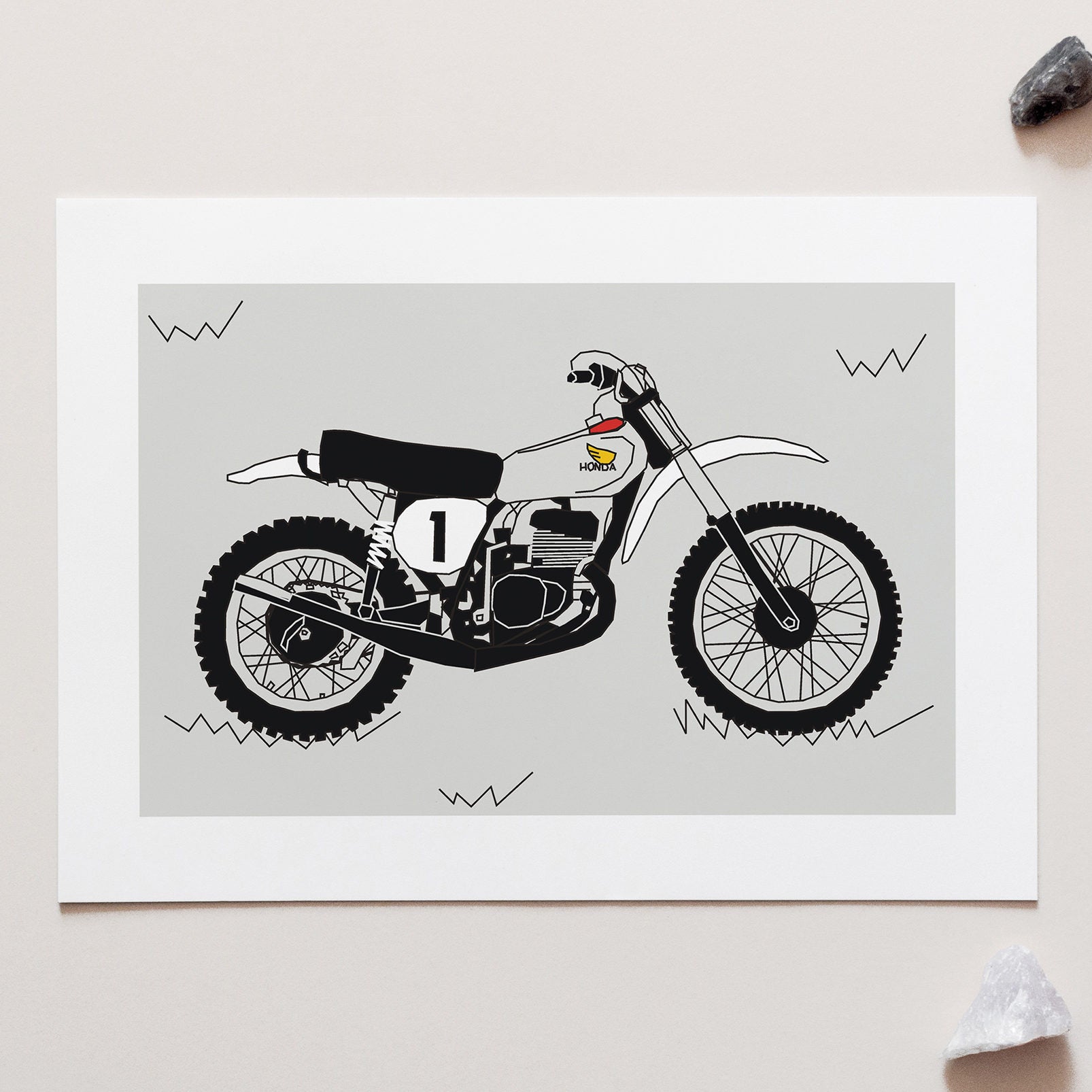 Grey & White Vintage Motocross. Honda Elsinore 1973 YZ250 Classic Motocross bike Art Print for sale