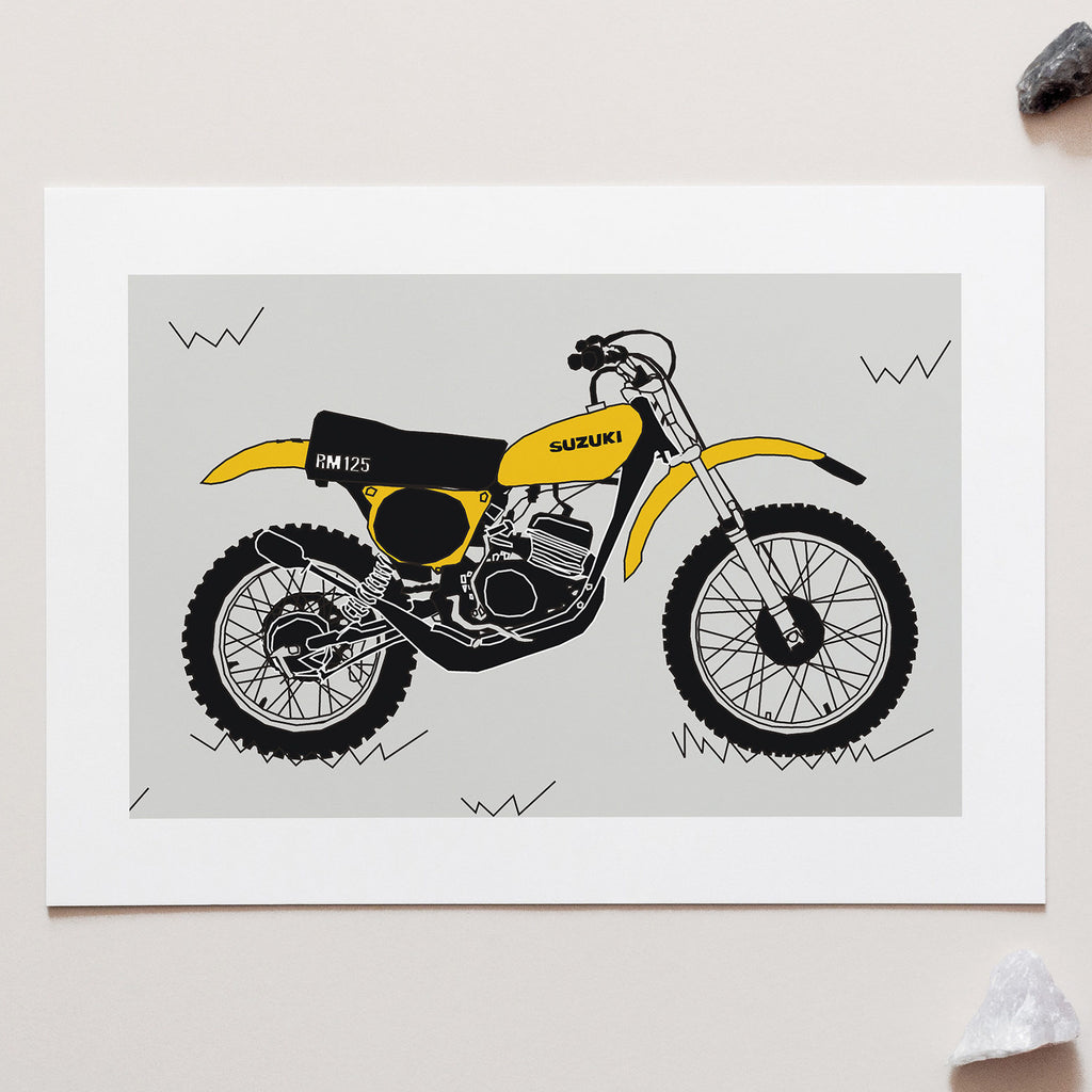 Yellow Vintage Motocross. Suzuki 1975 RM175 Classic Motocross bike Art Print for sale
